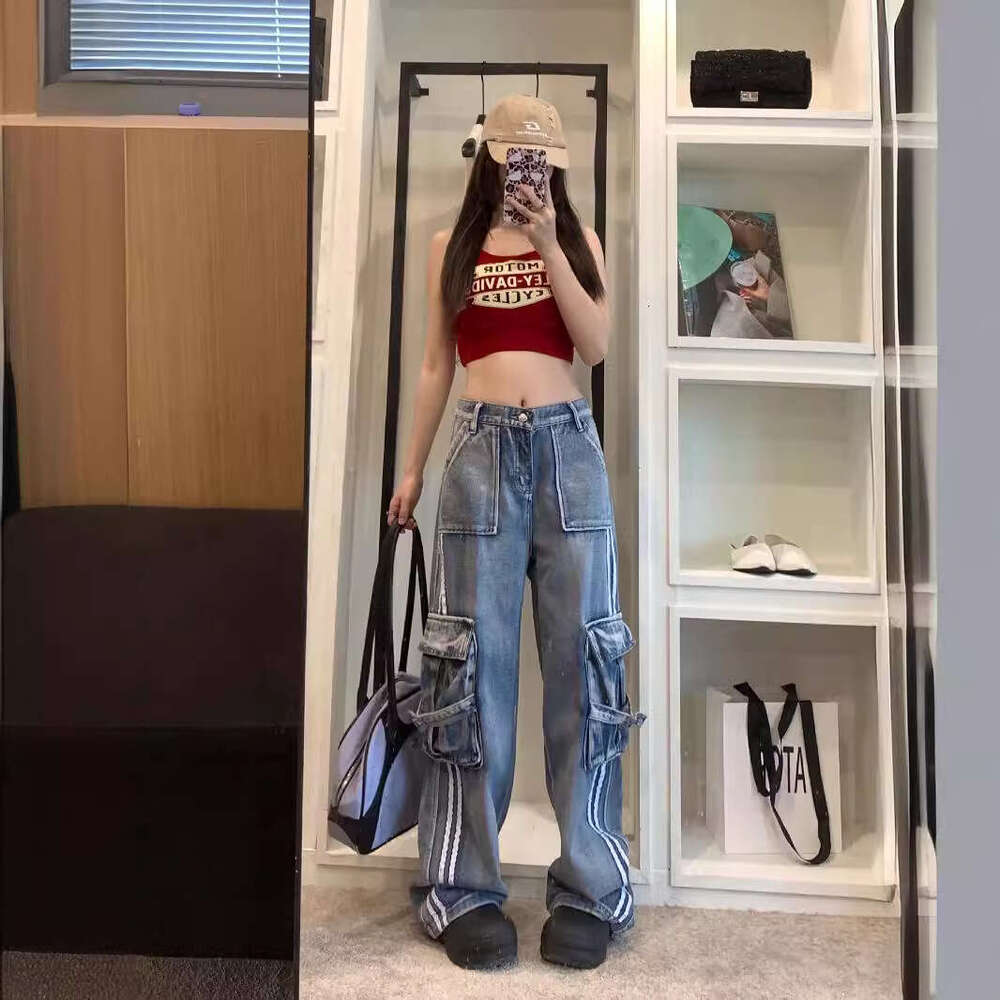 Washed Sports and Casual Wide Leg Three Bar Workwear Jeans for Women with A Slimming Design, Long Pants Super Elasticity Nine Points Military Pants fo