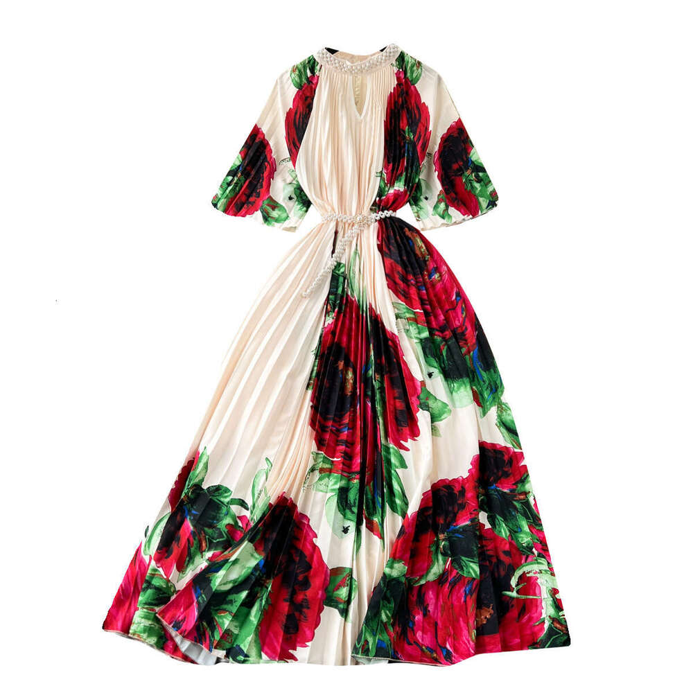 European Oversized Womens Clothing, High-end Printing, Heavy-duty Beaded Long Dress, Pleated Skirt, Temperament Dress for Women Waist Denim Dress SKIN