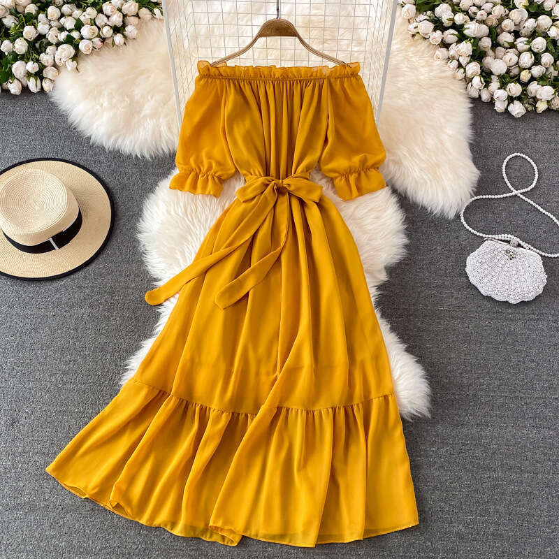 Vacation Beach Skirt Fashionable Sexy Off the Shoulder and Elegant Style Large Swing Long Dress Self-cultivation Novelty Pregnant Womens Dress Oversiz