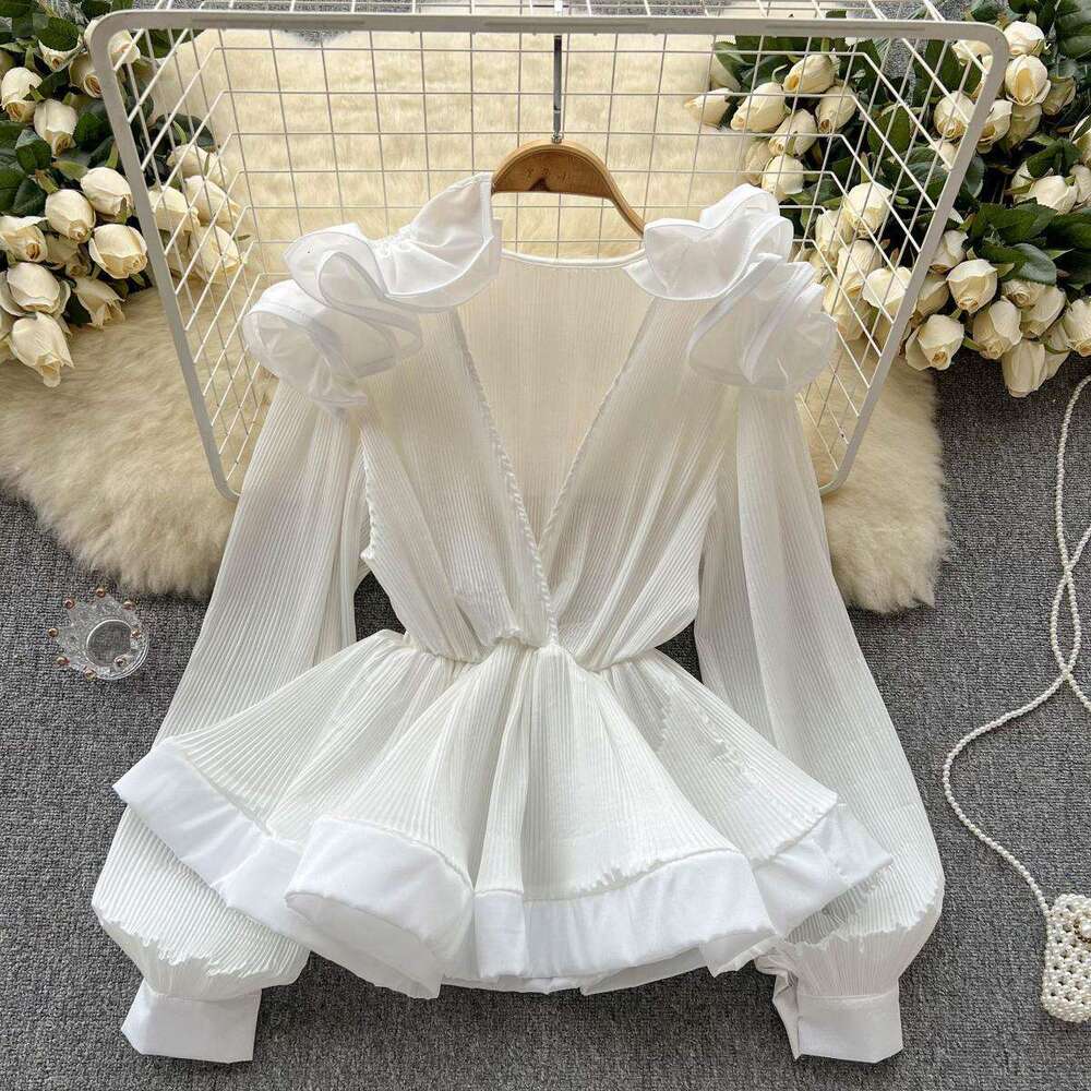 Fashion Spring and Autumn Design Sense, Elegance, Three Dimensional Flower, Ruffle Edge, Folded V-neck Pullover Shirt for Women Round Neck Dress SKINN