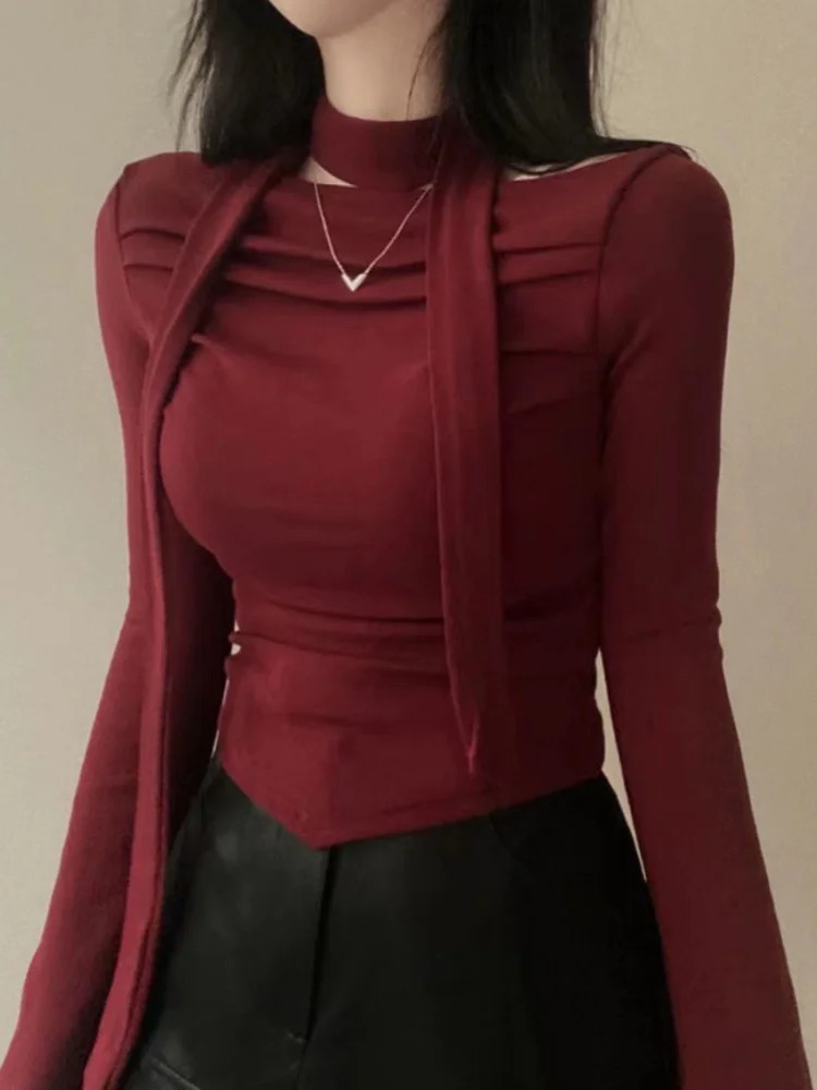 Y2K Crop T-Shirts Women sweet Chic Long Sleeve Top Female Vintage Fashion Off Shoulder Tee Lady Spring Casual Lace-Up T Shirt 240716