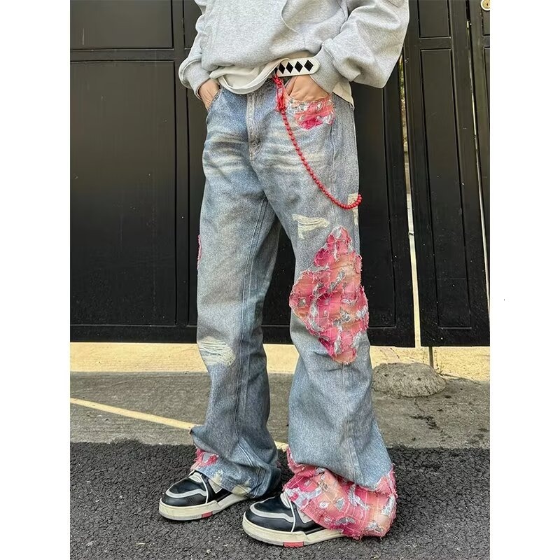 Cabbage Coke American Street High Rise Jeans Men's and Women's Micro Horn Printed Splicing Casual Pants