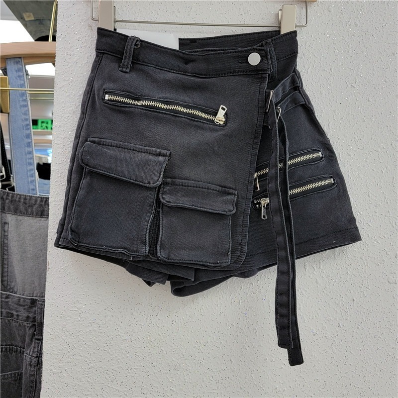 Irregular multiple Zipper pockets denim shorts Summer Shorts A-line pants skirts jeans for women