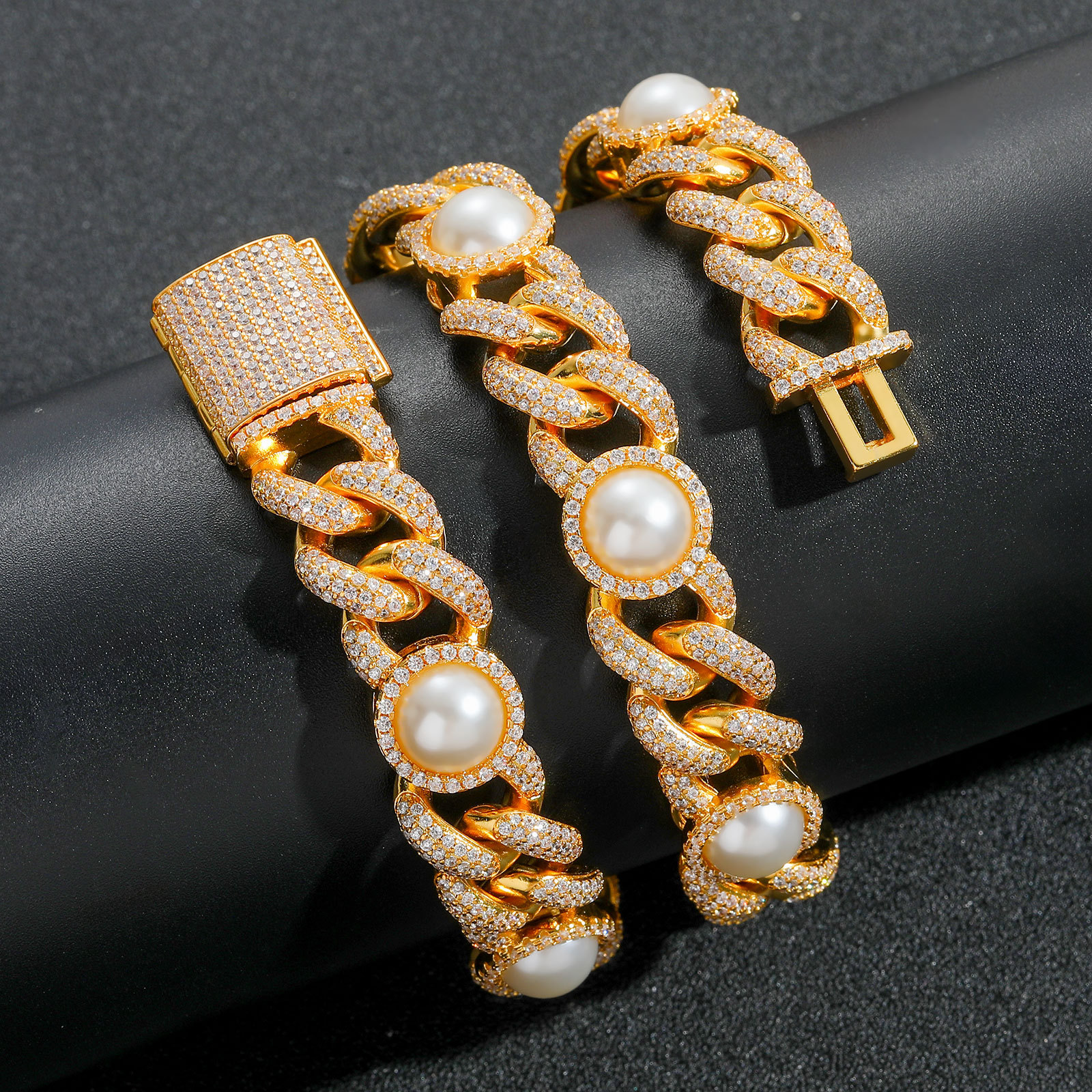 Hip Hop High Quality Pearl Cuban Chain Necklace Bracelet 5A Zircon 18k Gold Plated Jewelry Set