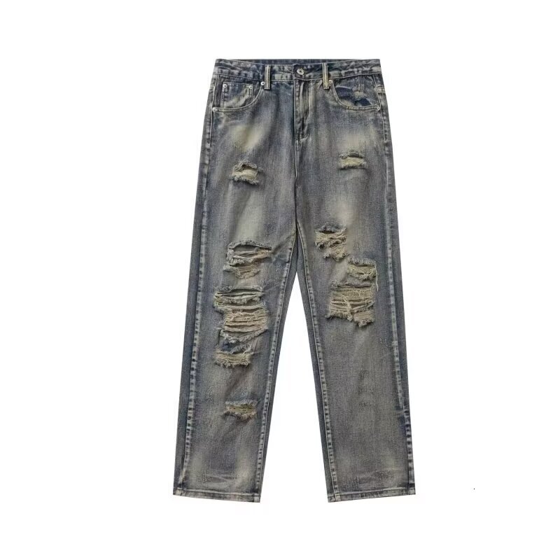 2024 new American high street distressed washed straight leg casual jeans men's pants