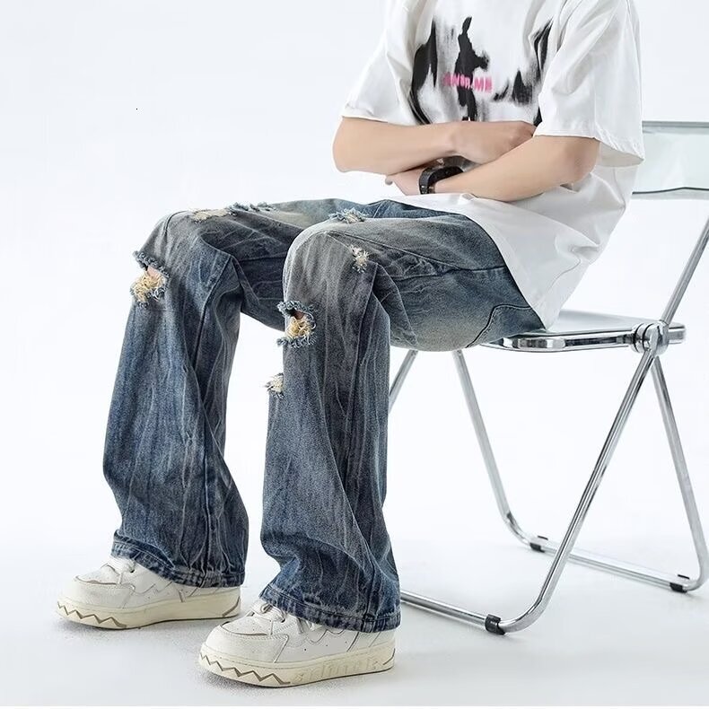 American style distressed beggar ripped jeans men's thin long washed loose straight leg micro flared pants