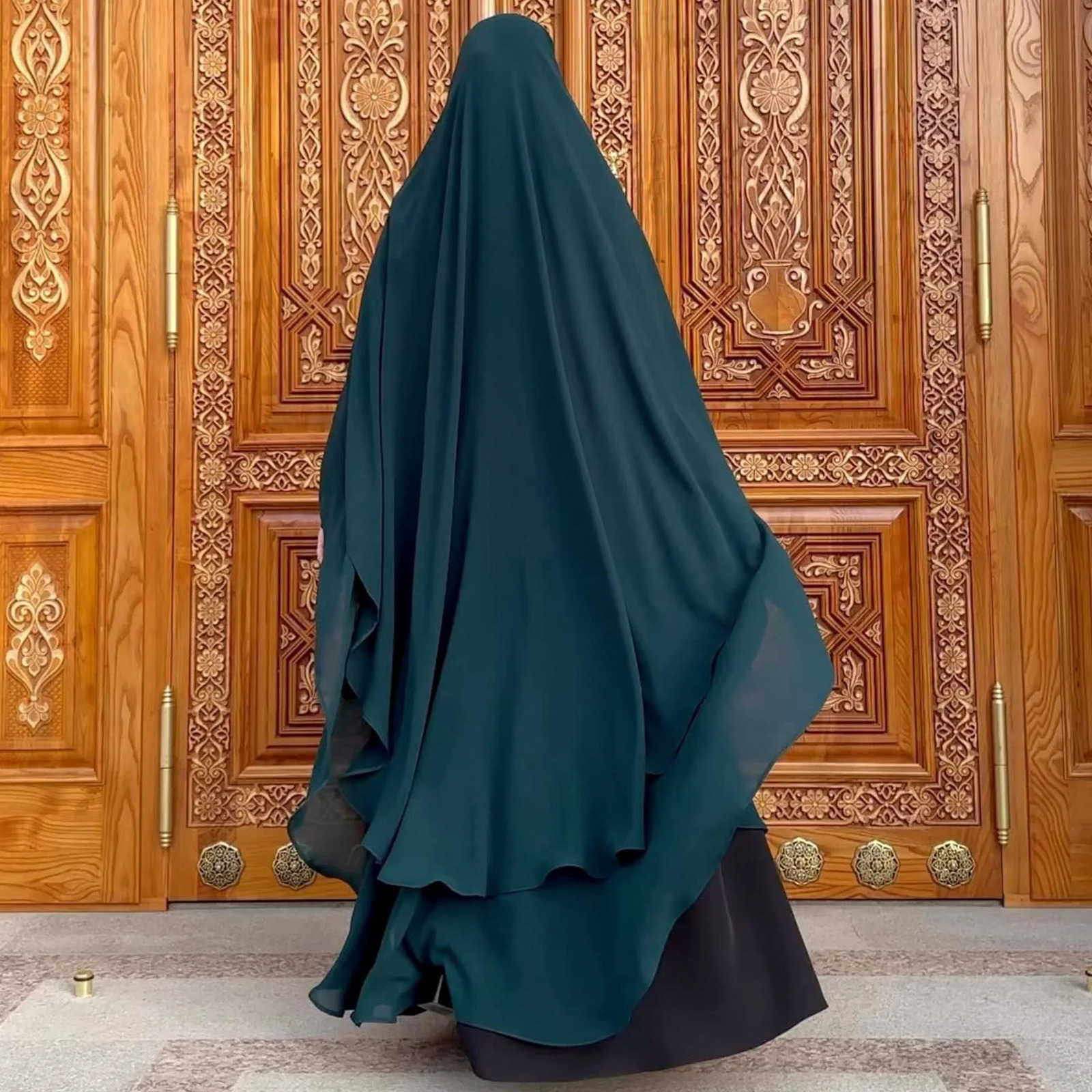 Long Khimar Chiffon 2-layer Muslim womens headscarf prayer for Eid al Fitr headscarf shawl long Djellaba Niqab Ramadan scarf 240710