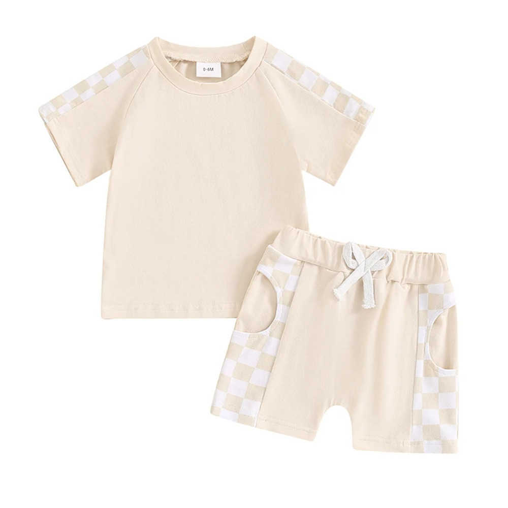 Clothing Sets Baby Boys Summer Outfits Checkerboard Patchwork Short Sleeves T-Shirt and Elastic Shorts Set for 2 Piece Clothes Set H7GG