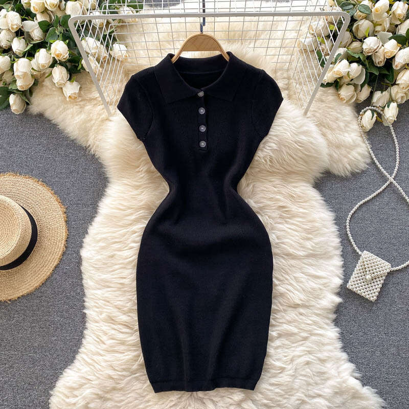 Short Sleeved Knitted 2021 New Summer Dress Womens POLO Collar Slim Fit Short Style Temperament Solid Color Hip Hugging Skirt Bifurcated Round Neck Dr