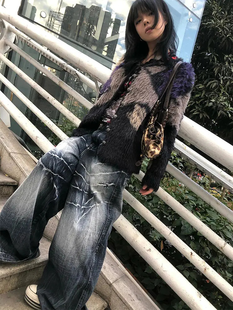 Y2K American High Street Makes Old Ground White Loose Jeans Women Harajuku Style Retro Trend Loose Casual Street Mopping Pants 240717