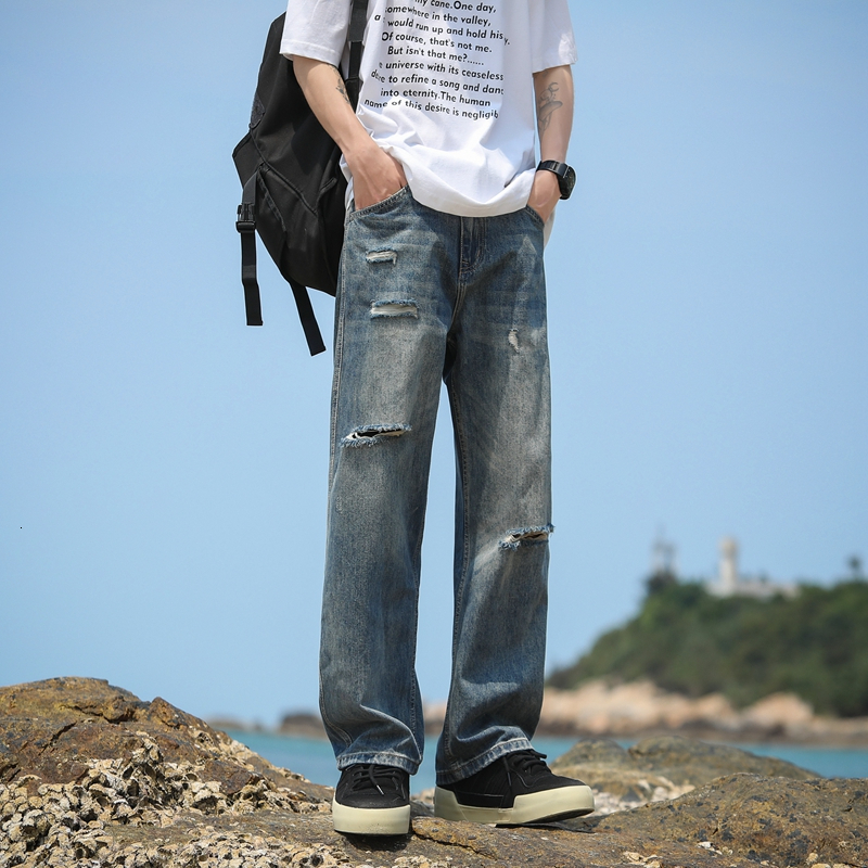 Ice jeans for thin, trendy brand straight tube loose fit men, ice silk wide leg summer casual pants