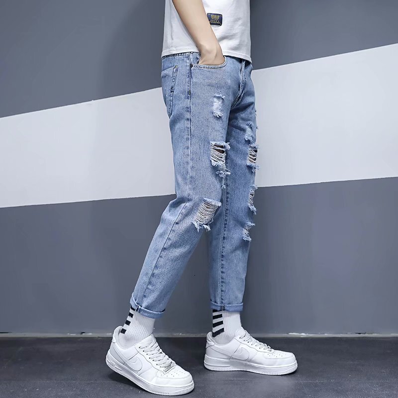 Summer thin cut ripped cropped jeans men's brand slim fit small footed beggar casual pants trendy and versatile