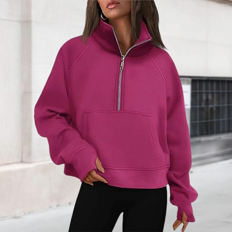 CNLONGBIDA Women's Hoodies Stand Collar Cropped Pullover Half Zip Women Overzised Hoodie Thumb Hole Long Sleeve Clothes Solid Color Loose Fit Daily