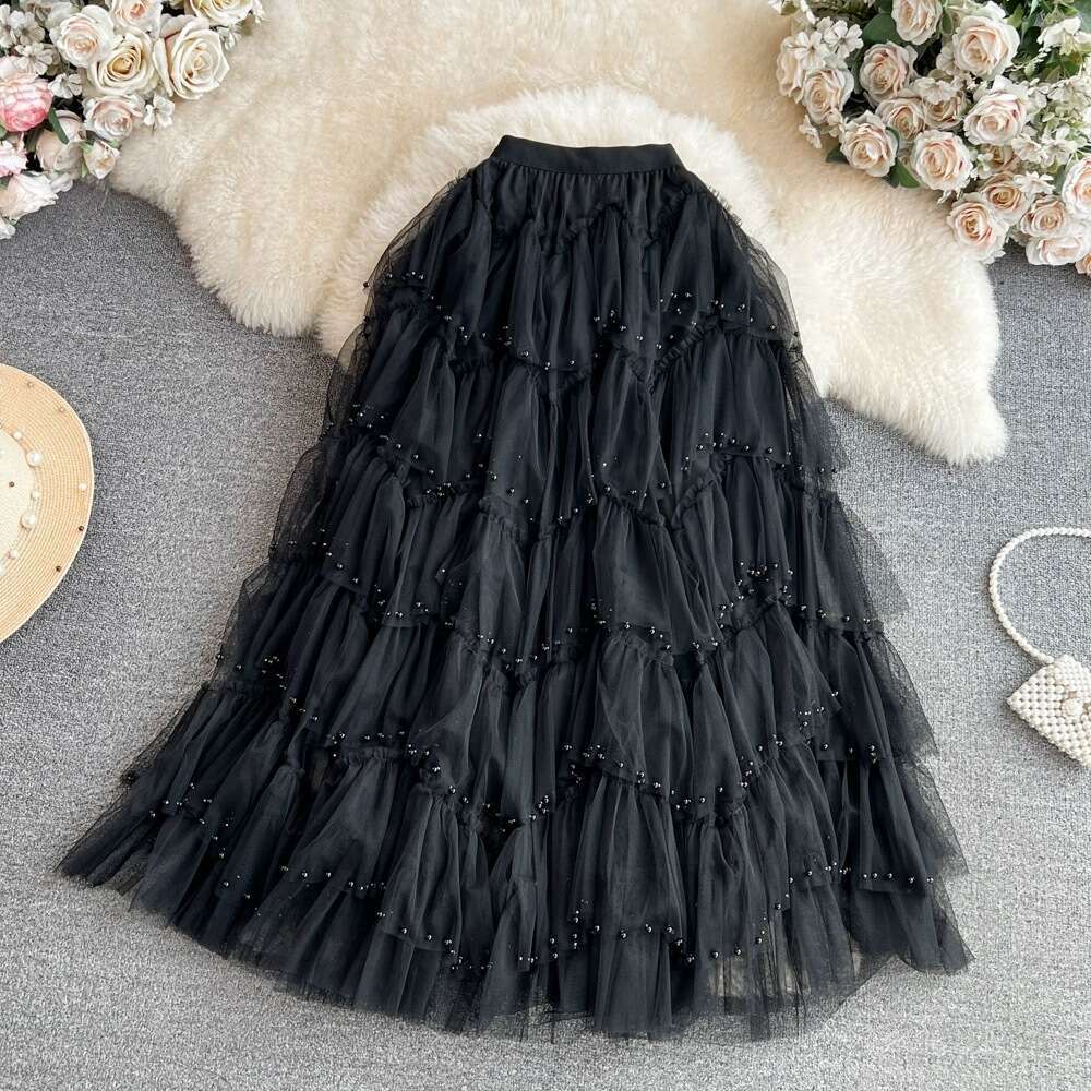Elastic High Waisted Slimming Mid Length Nail Bead Mesh Lady Cake A-line Gauze Fluffy Skirt for Women Loose Waist Bifurcated Temperament Silk Dress De