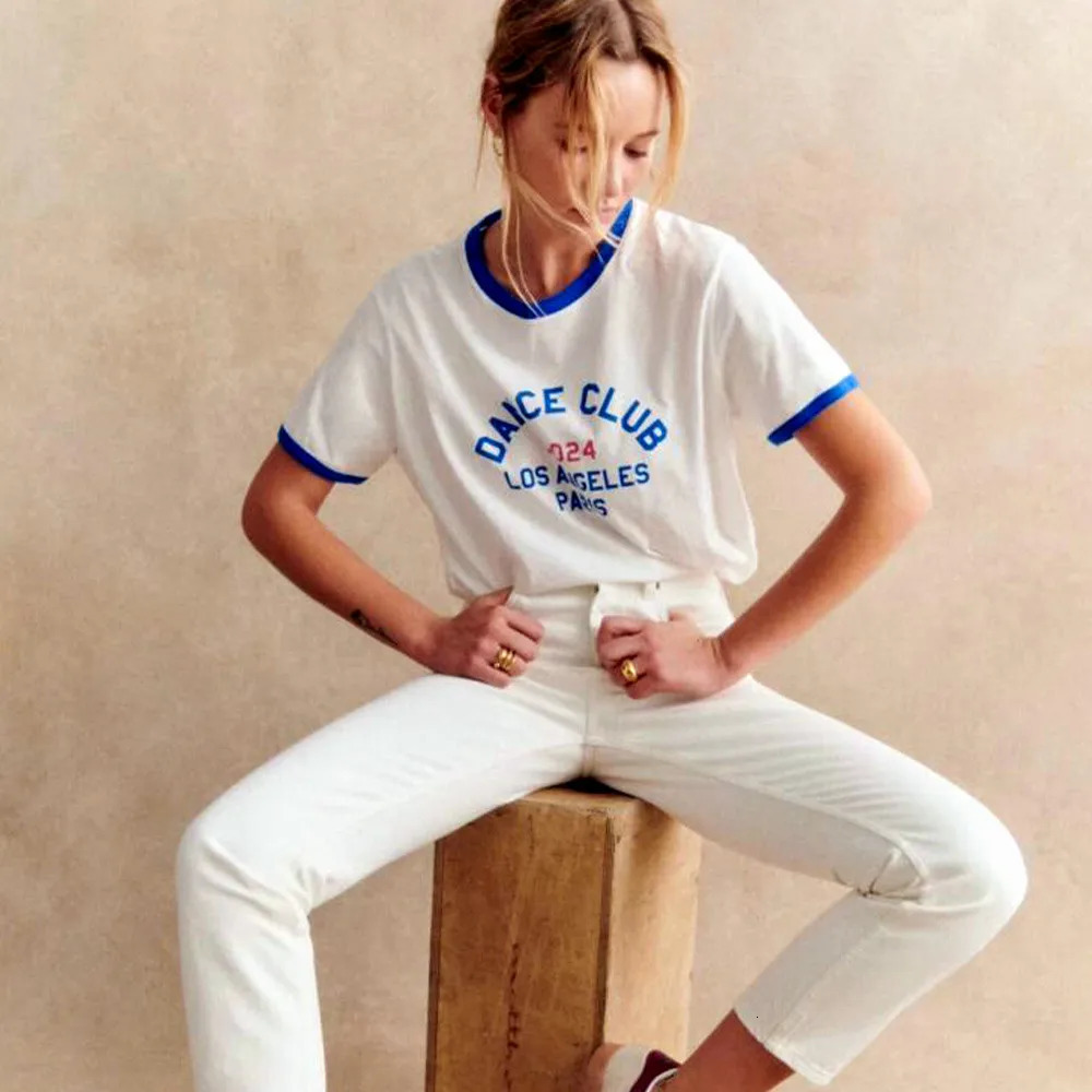 Dance Club Vintage Style Letters Printing Ringer T Shirts Summer Short Sleeve Loose Cotton Tops Ins Fashion Women Tees 240710