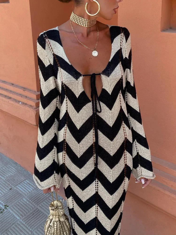 Elegant Hookflower Striped Knitted Long Dress Women V-neck Hollow Out Lace Up Long Sleeve Vestido Lady Vacation Robes 240715