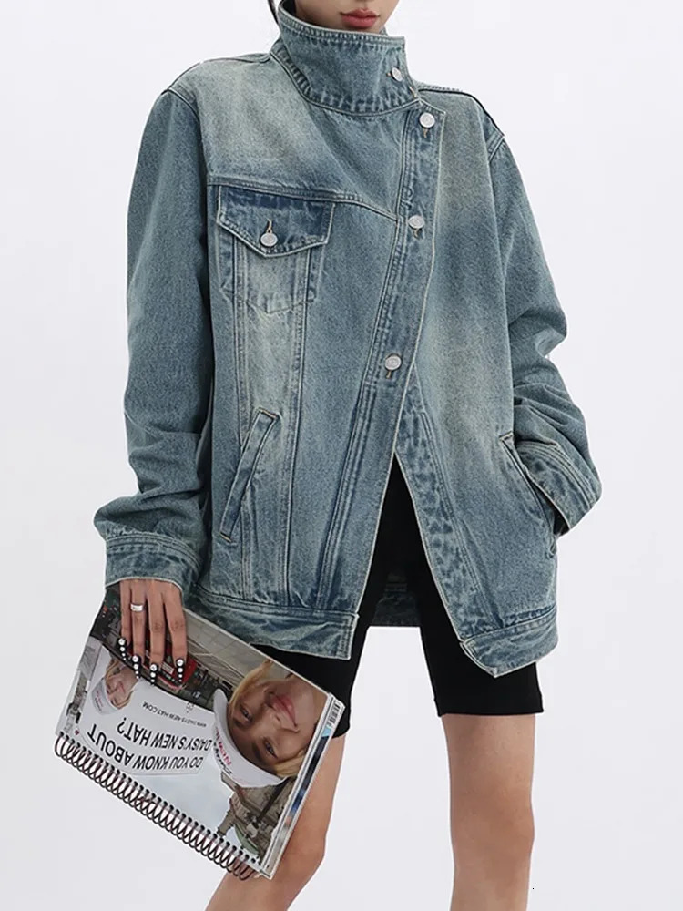 Womens Denim Coat Turtleneck Single Breasted Full Sleeve Patchwork Versatile Jacke Fashion Autumn Streetwear Overcoat 240715