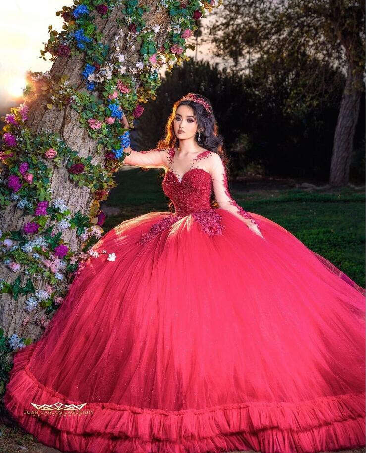 Bury Princess Quinceanera Dresses Sparkly Long Sleeve Crystal Applique Puffy Corset Vestidos De Anos Lz0304