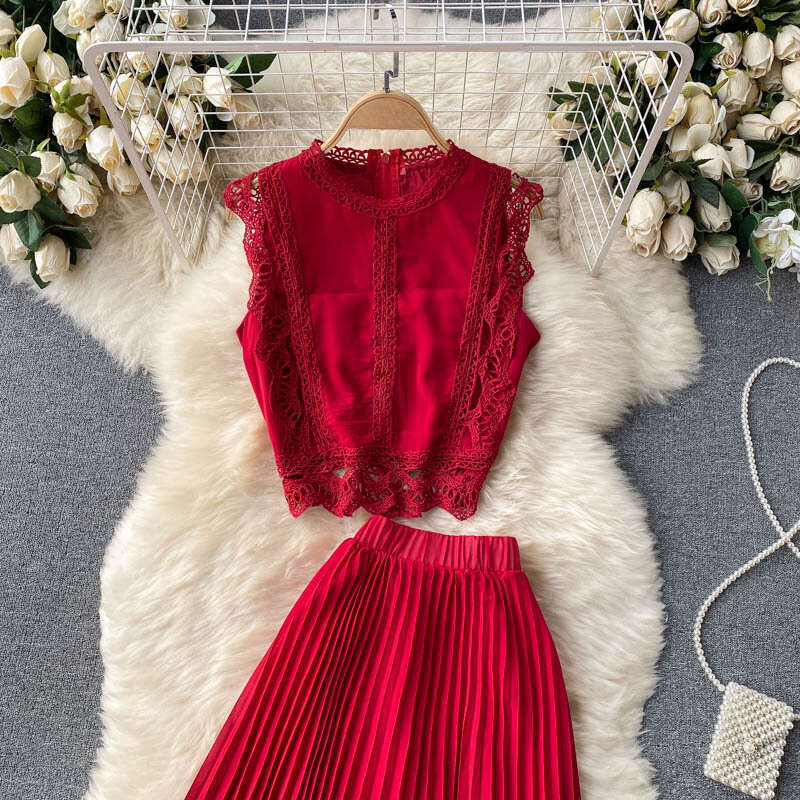 Seaside Vacation 2022 Summer Womens Lace Top, High Waist, Slim Look, Folded Chiffon Half Skirt, Two Piece Set Waist Sexy Oversize Dress Lace Dress