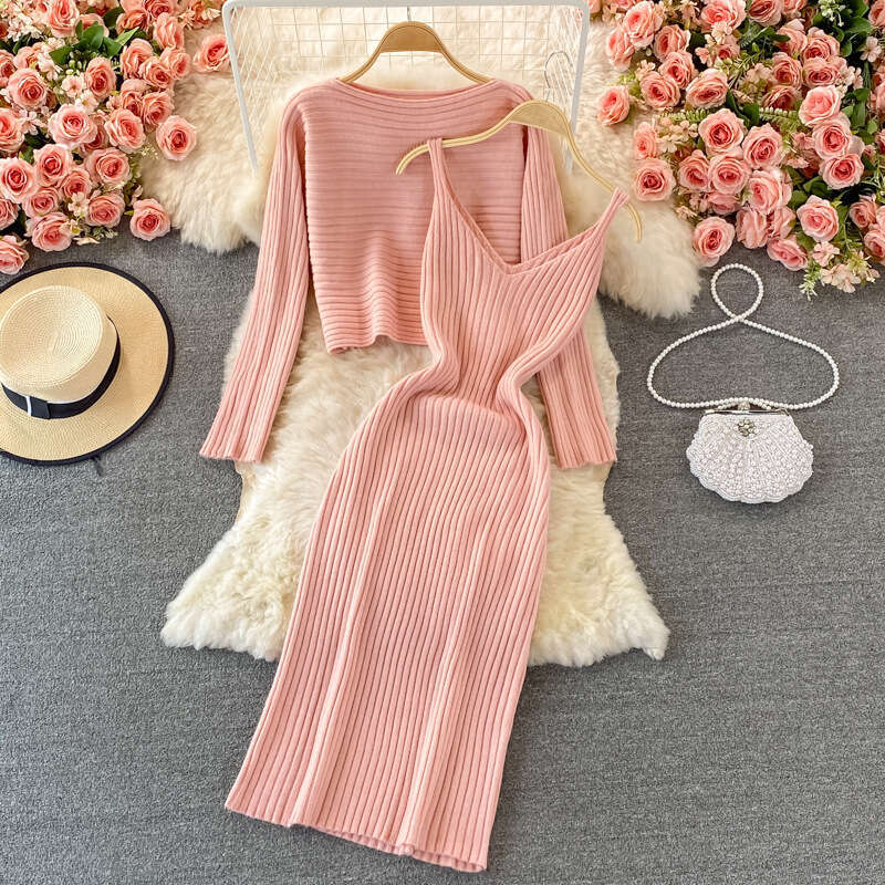 2021 Autumn Loose Round Neck Short Knitted Two Piece Set with Suspended Tank Top Skirt Slim Fit Dress Sexy Dress Short Sexy Temperament Novelty Round 