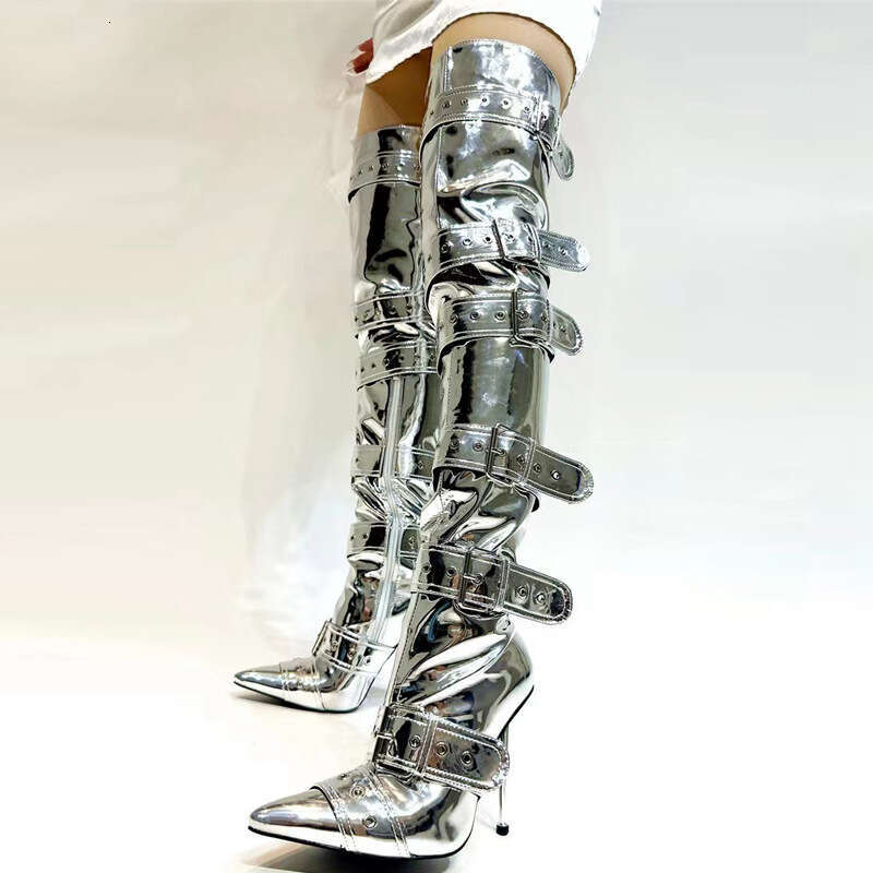 HBP Sexy metal high-heeled pointed belt buckle rivet knee high boots, oversized banquet and fashion boots