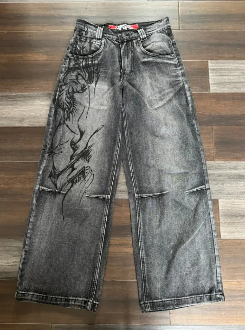 American Harajuku Vintage Print Jeans Y2K Women Washed Gray Straight Pants Street Gothic Loose Unisex Trousers 240708