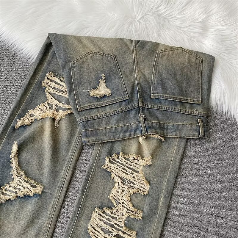 American tall summer ripped jeans, men's mud dyed vintage high street dirt style pants, wide leg mop beggar pants