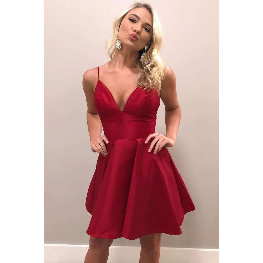 Straps Homecoming Spaghetti Fuchsia Sweetheart Ruffles Pockets Short Prom Tail Dresses Satin Above Knee Evening Party Dress BM4008