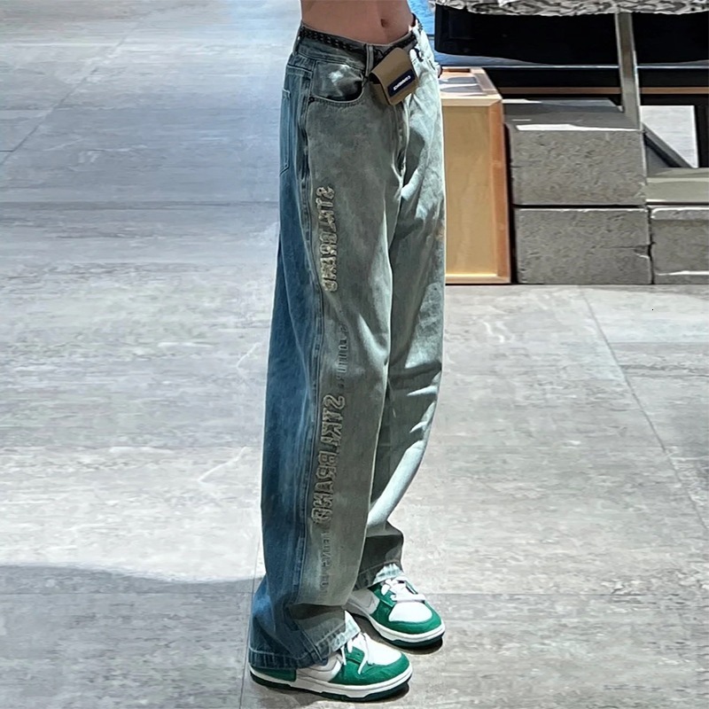 Color blocked jeans summer loose letter sticker washed straight leg American Vibe pants high street thin
