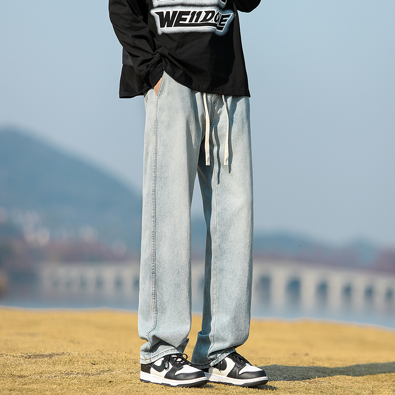 2024 Summer New Trendy Brand Water Washed Elastic Waist Jeans for Men, Loose Straight and Versatile Casual Men's Pants