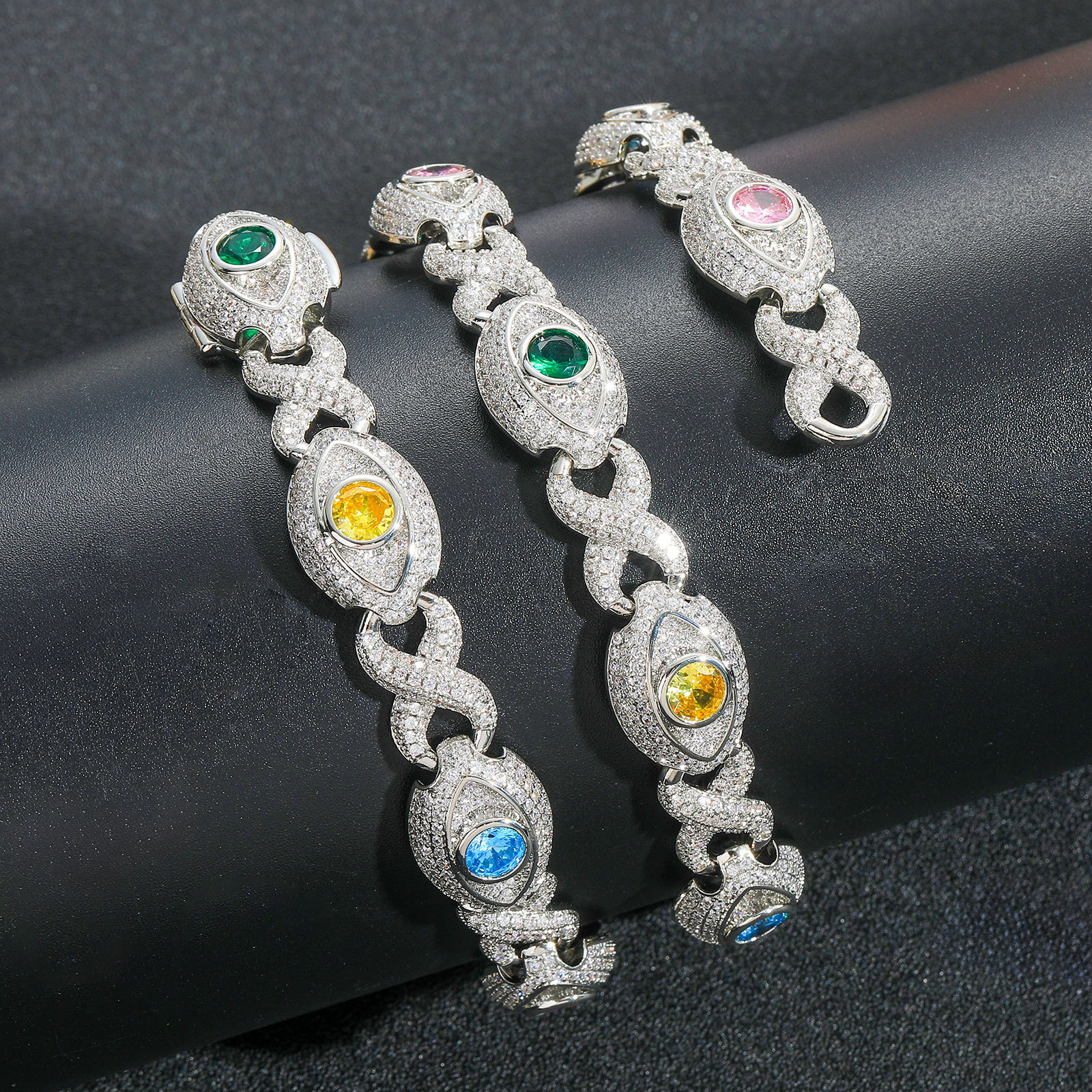 Hip Hop Colorful Eye Cuban Chain Necklace Bracelets 5A Zircon Mens Jewelry Set