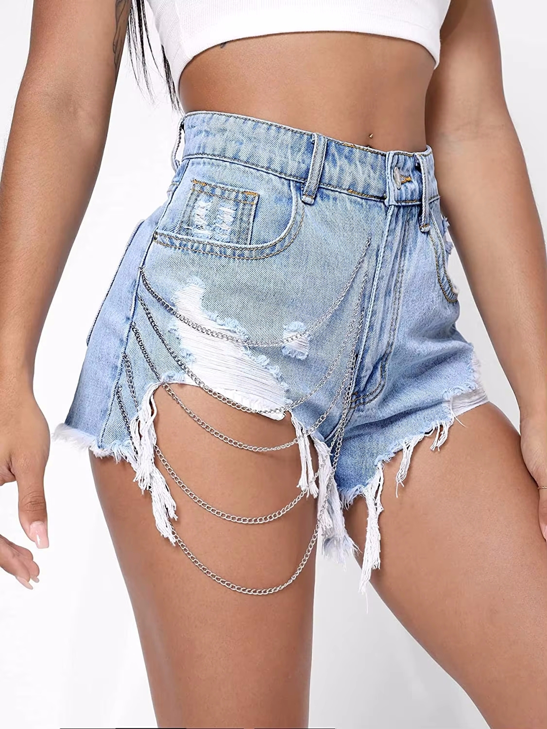 New arrival High Waist Woman Jean shorts with Chains Women denim Jeans for ladies Fashion Summer Short jeans high quality