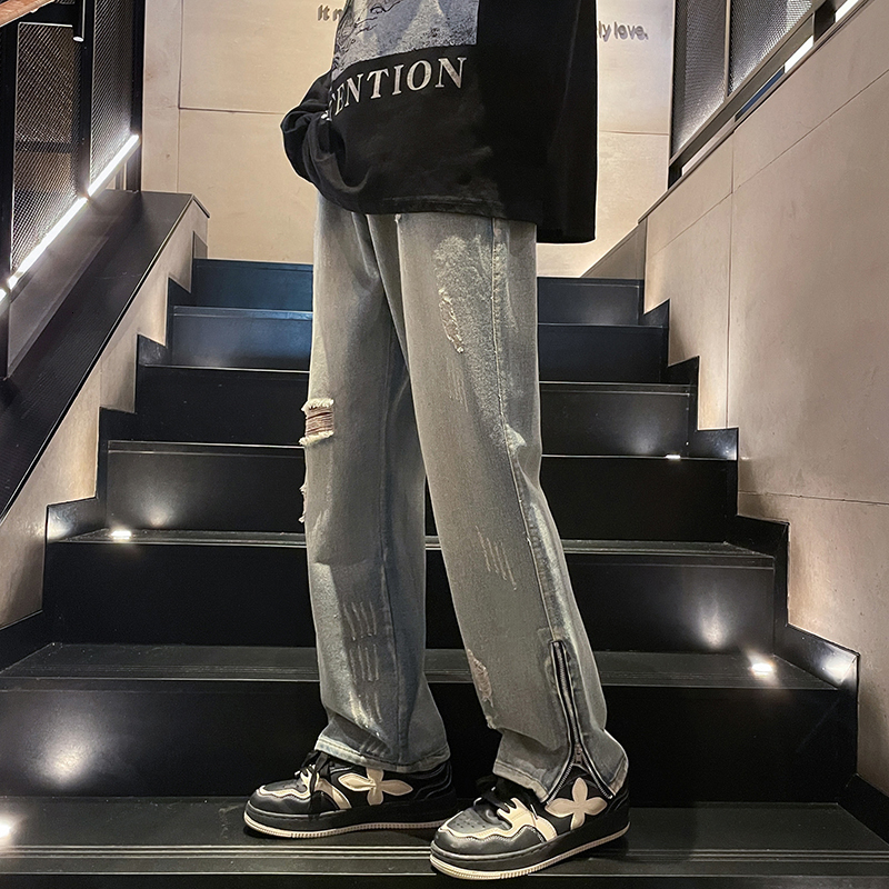 High Street Pant Hem Zipper Fit Slim Ragged Men's Denim Pants