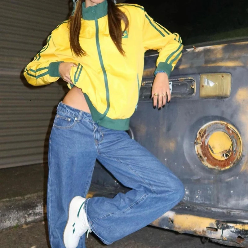 BRASIL Yellow Vintage Jackets Womens Oversized Harajuku Zipper Windbreaker Y2k Streetwear Loose Coats Autumn Trend Sweatshirts 240717