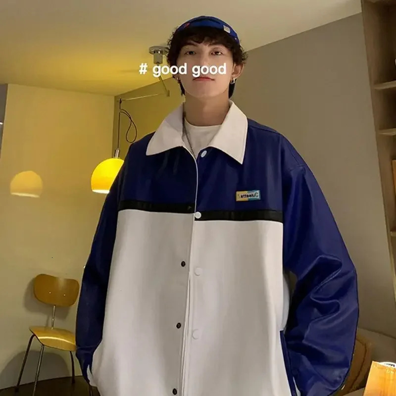 Street ruffian handsome pu leather bomber jacket couple American motorcycle suit baseball uniform retro fashion leather jacket 240716