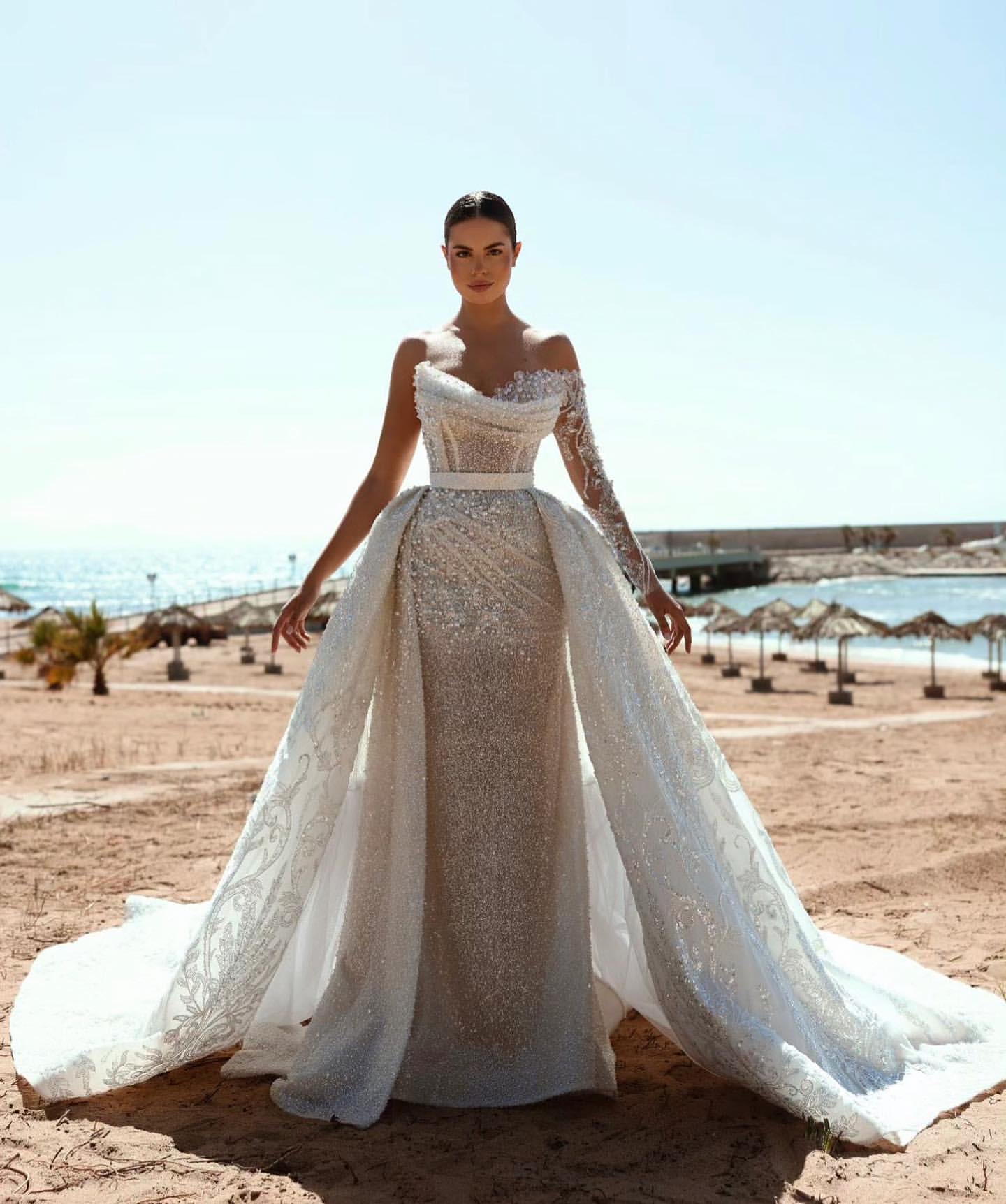 2024 Arabic Aso Ebi Plus Size Ivory Mermaid Wedding Dresses Lace Pearls Detachable Train Sparkly Bridal Gowns Dresses ZJ046