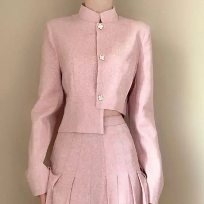 Womens Autumn Fragrant Style Stand Neck Coat Pleat Skirt Half Set Vintage Casual Irregular Two Piece 240715
