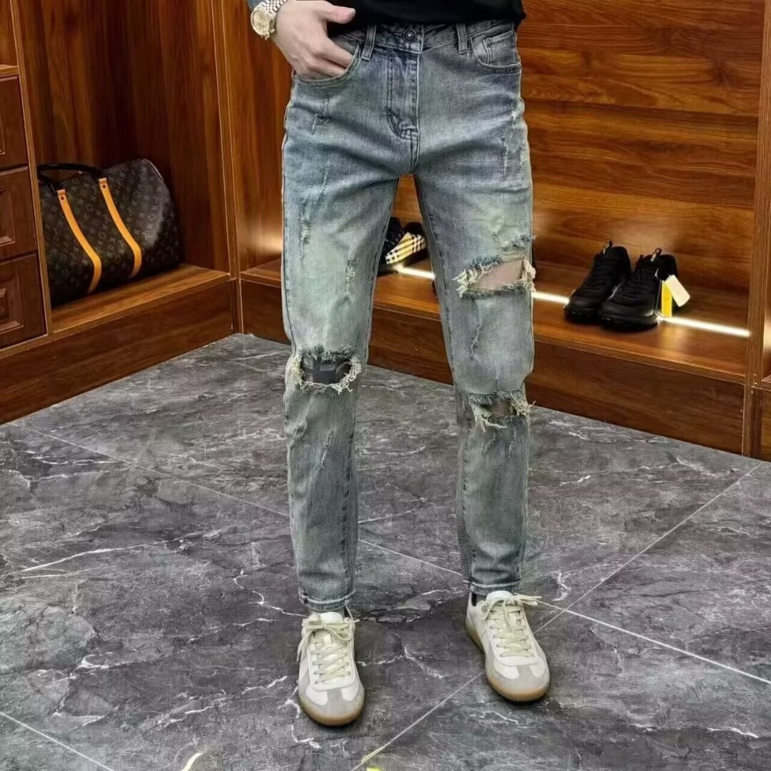 Designed ripped jeans men slim fit small feet for spring summer 2024, new items with scraped and stretchy distressed beggar pants