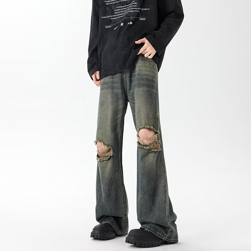 American style high street heavy industry washed craft ripped jeans for men in summer, loose straight hanging wide leg pants