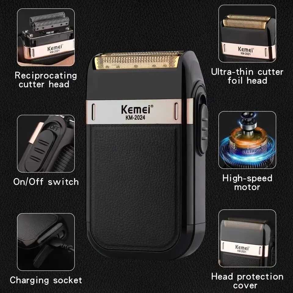 Kemei KM-2024 Electric Shaver Professional USB Rechargeable Mens Electric Shaver Leather Shell Waterproof Beard Trimmer ShaverB240709