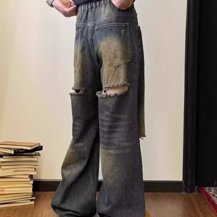Distressed jeans for men's summer slim American high street design with a sense of niche, distressed, washed loose, straight leg long pants