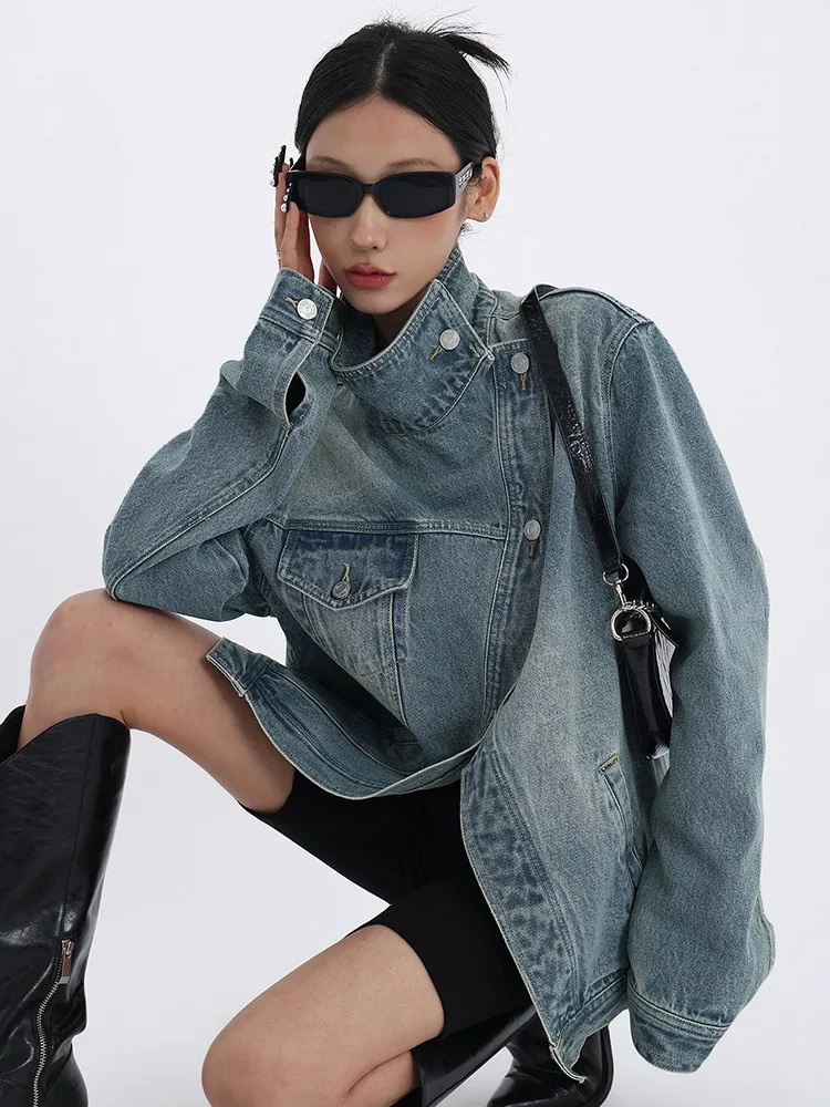 Womens Denim Coat Turtleneck Single Breasted Full Sleeve Patchwork Versatile Jacke Fashion Autumn Streetwear Overcoat 240715