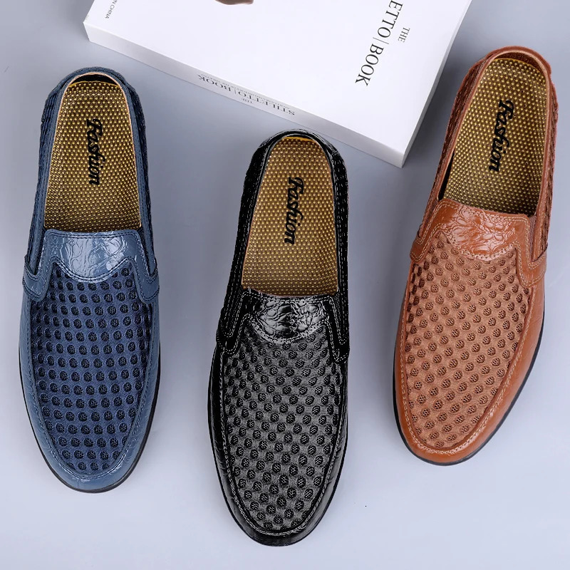 Men Summer Leather Loafers Casual Shoes Breathable Men Sneakers Fashion Comfort Male Outdoor Black Rubber Flat Men Shoes 240718