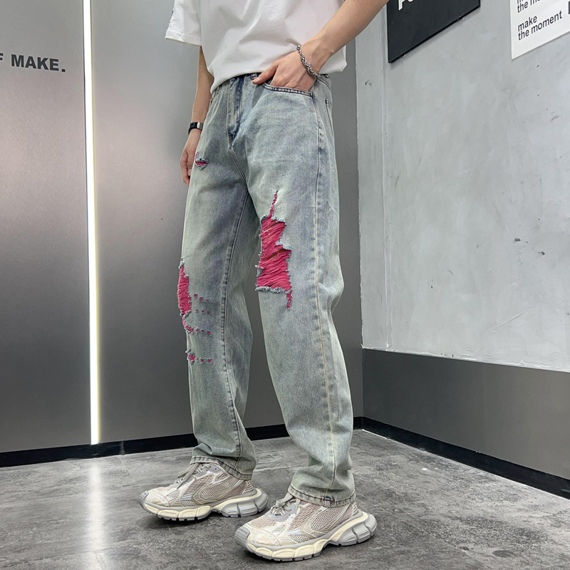 2024Washed jeans for men, American fashion brand ripped pants, trendy loose straight leg men's denim pants