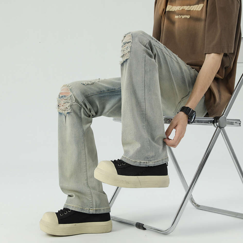 2024Spring and Autumn Mud Dyeing Elastic Hole Explosion Small Straight Pants High Street Clean Fit Trendy Brand Jeans Men