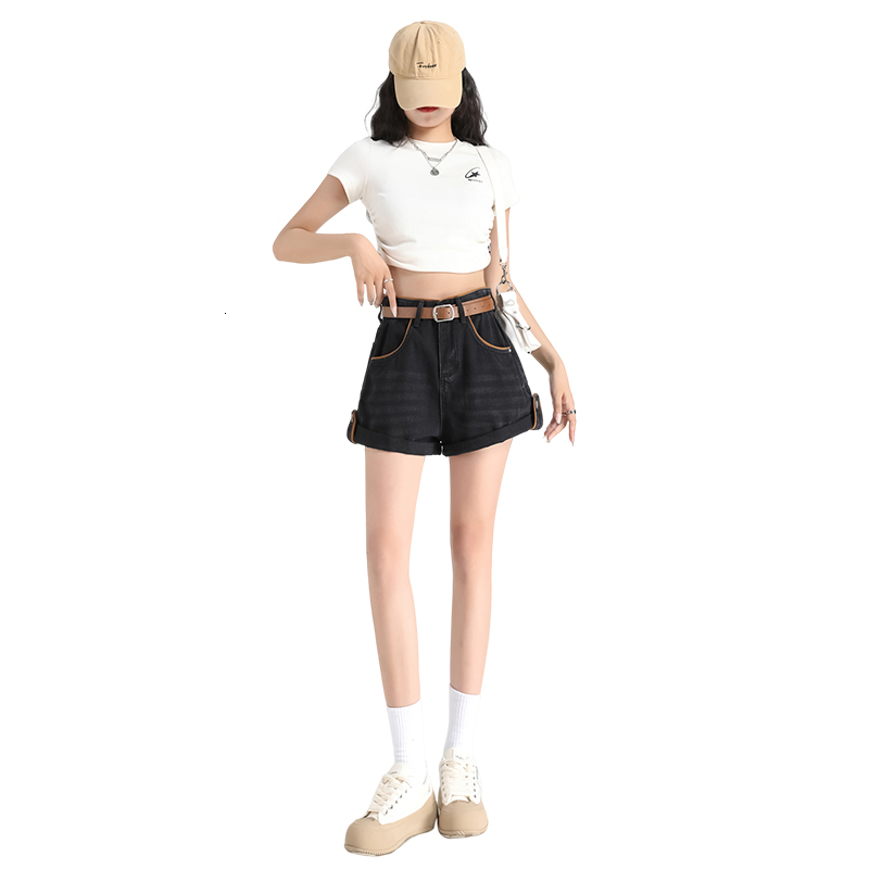 Paired with belt, wide leg denim shorts for women in summer, thin design, high waist, thick legs, slimming effect, flower buds covering the belly, sma