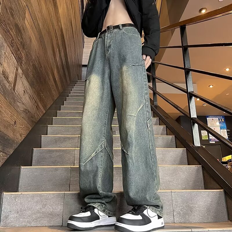 High Street Pants Spring Style American Vibe Loose Wide Leg Rascal Handsome Men's Jeans 2024 New Collection