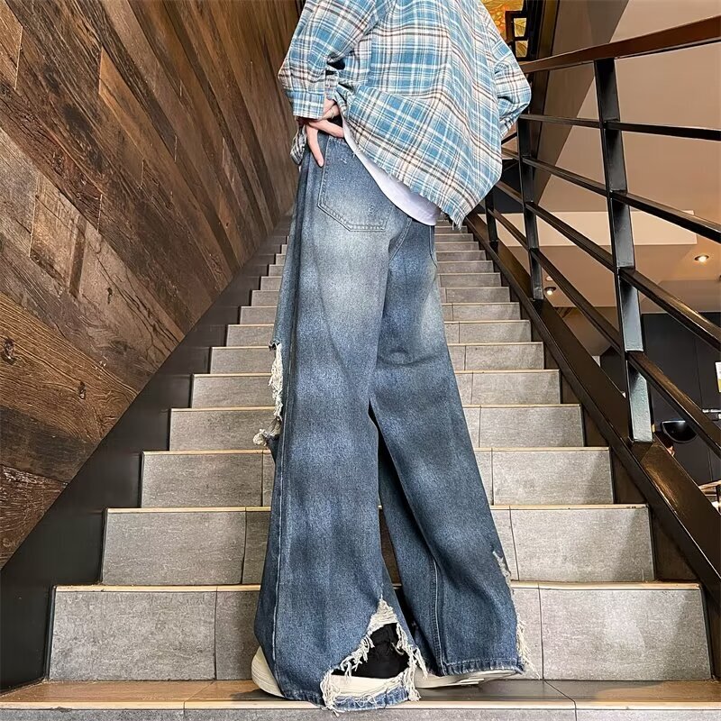Washed, worn, hand cut, hole damaged style jeans, men's design sense, niche high street wide leg pants