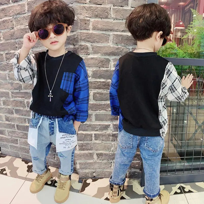 Childrens Patchwork Sweatshirts For Boys Cotton O-Neck Long Sleeve Boy Tops Kids Autumn Clothes 4 5 6 7 8 9 10 11 12 Years 240716