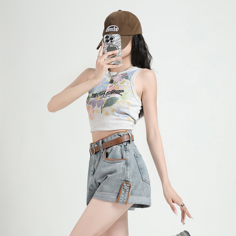 Paired with belt, wide leg denim shorts for women in summer, thin design, high waist, thick legs, slimming effect, flower buds covering the belly, sma